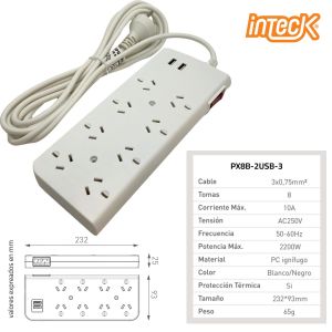 PROLONGADOR MULTIPLE 8 TOMAS + 2 USB BLANCO CON CABLE 3 MTS C/ PROTECTOR TERMICO - Vista 4