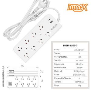PROLONGADOR MULTIPLE 8 TOMAS + 2 USB BLANCO CON CABLE 3 MTS C/ PROTECTOR TERMICO - Vista 4