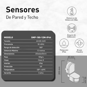 SENSOR DE MOVIMIENTO 180° PARED 1200W IP44 12 MTS DE ALCANCE MACROLED - Vista 2