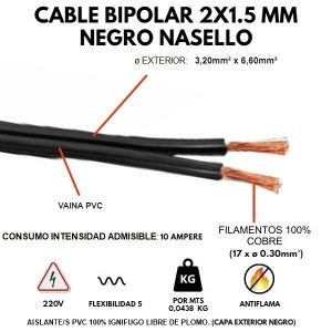 CABLE BIPOLAR 2X1.5 MM NEGRO X METRO CONDUELEC - Vista 1