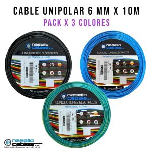 CABLE UNIPOLAR 6 MM X 10M PACK X 3 COLORES (NEGRO - CELESTE - VERDE/AMARILLO) - Vista 1