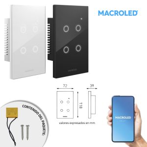LLAVE LUZ PARED INTERRUPTOR WIFI TOUCH SMART 4 CANAL C/ CAPACITOR 7A MACROLED ROMA - Vista 14
