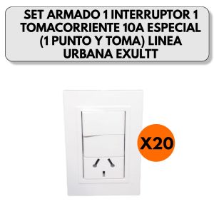 SET ARMADO 1 INTERRUPTOR 1 TOMACORRIENTE 10A ESPECIAL (1 PUNTO Y TOMA) LINEA URBANA EXULTT X 20 UNIDADES - Vista 1
