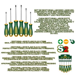 KIT DE DESTORNILLADORES - 6 PIEZAS - PLANO SL5.5 X 75MM + PLANO SL5.5 X 100MM + PLANO SL6.5 X 150MM + PHILLIPS PH1 X 75MM + PHILLIPS PH1 X 100MM + PHILLIPS PH2 X 150MM - Vista 2