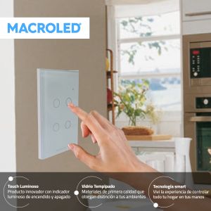 LLAVE LUZ PARED INTERRUPTOR WIFI TOUCH SMART 4 CANAL C/ CAPACITOR 7A MACROLED ROMA - Vista 6
