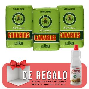 YERBA MATE CANARIAS SERENA 1KG X 3 UNIDADES + EDULCORANTE HILERET MATE LIQUIDO 400 ML