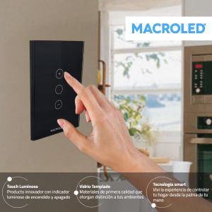 LLAVE LUZ PARED INTERRUPTOR DIMERIZABLE WIFI TOUCH SMART 1 CANAL 3A MACROLED ROMA - Vista 9