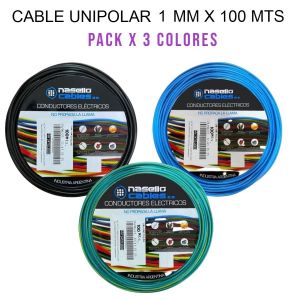 CABLE UNIPOLAR 1 MM X 100M PACK X 3 COLORES (NEGRO - CELESTE - VERDE/AMARILLO) - Vista 1