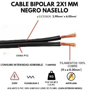 CABLE BIPOLAR 2X1 MM NEGRO X 100 MTS CONDUELEC - Vista 1