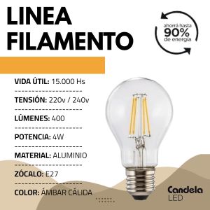 LAMPARA LED CLASICA FILAMENTO 4W CANDELA - Vista 3