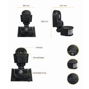 REFLECTOR CON SENSOR DE MOVIMIENTO 50W LED 3 FUNCIONES IP65 NEGRO BLANCO FRíO - Vista 3