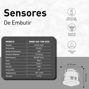 SENSOR DE MOVIMIENTO REDONDO 360° EMBUTIR 1200W 12 MTS ALCANCE MACROLED - Vista 1