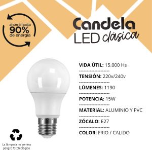 LAMPARA BULBO LED A60 15 WATT CANDELA - Vista 5