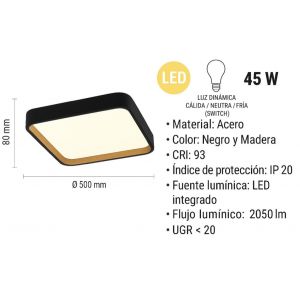 PLAFON LED ACERO NEGRO Y MADERA 45W GALACTIC DISEÑO CUADRADO MODERNO - Vista 1