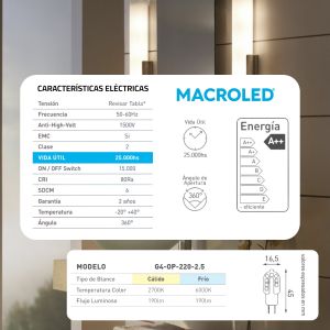 LAMPARA BIPIN OPAL G4 2.5W 220V MACROLED - Vista 4