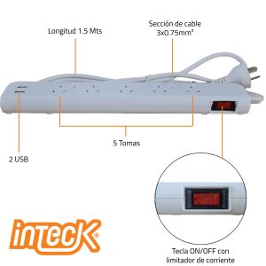 PROLONGADOR MULTIPLE 5 TOMAS + 2 USB BLANCO CON CABLE 1.5 MTS C/ PROTECTOR TERMICO - Vista 2