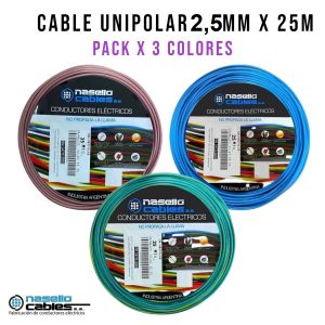 CABLE UNIPOLAR 2.5 MM X 25M PACK X 3 COLORES (MARRON - CELESTE - VERDE/AMARILLO) - Vista 1