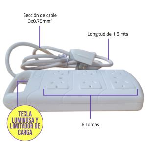 PROLONGADOR ZAPATILLA 6 TOMAS C/CABLE 1.5 MTS EXULTT - Vista 4