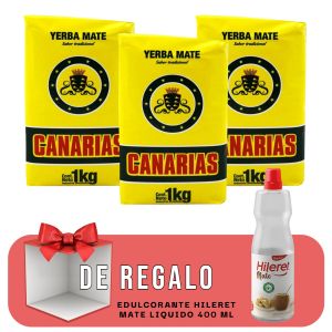 YERBA MATE CANARIAS 1KG X3 UNIDADES + EDULCORANTE HILERET MATE LIQUIDO 400 ML