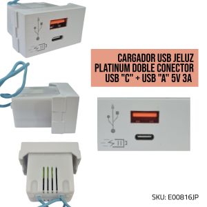 CARGADOR USB JELUZ PLATINUM DOBLE CONECTOR USB "C" + USB "A" 5V 3A (CARGA RAPIDA) BLANCO - Vista 2