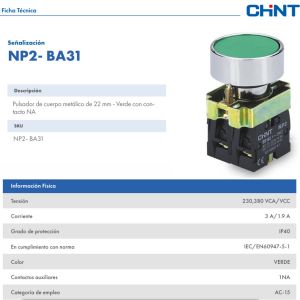 PULSADOR DE CUERPO METALICO DE 22 MM VERDE CON CONTACTO NA - Vista 1