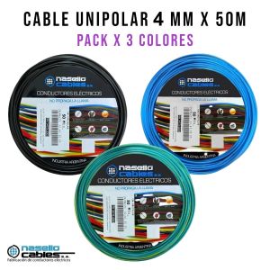 CABLE UNIPOLAR 4 MM X 50M PACK X 3 COLORES (NEGRO - CELESTE - VERDE/AMARILLO) - Vista 1