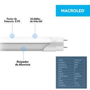 TUBO LED T8 48W 2.40 MTS PLASTICO MACROLED - Vista 2