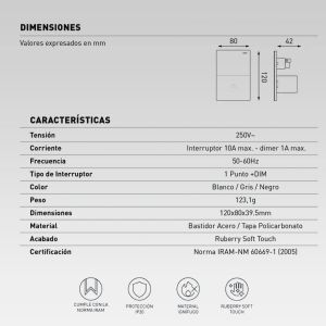 SET ARMADO TECLA Y DIMMER LED MILAN BLANCO MACROLED (1 PUNTO Y DIMMER) 10A C/ BASTIDOR METALICO - Vista 3