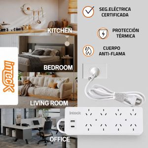 PROLONGADOR MULTIPLE 8 TOMAS + 2 USB BLANCO CON CABLE 3 MTS C/ PROTECTOR TERMICO - Vista 5