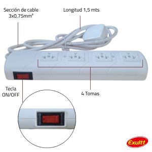 PROLONGADOR ZAPATILLA 4 TOMAS MULTINORMA C/CABLE 1.5 MTS EXULTT - Vista 4
