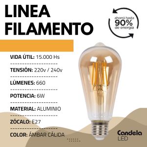 LAMPARA LED TUBULAR FILAMENTO 6W CANDELA - Vista 3