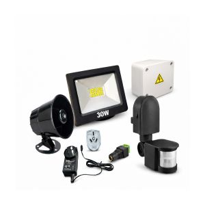 KIT ALARMA PARA OBRAS CONSTRUCCIONES TERRENOS C/ REFLECTOR LED 30W Y SENSOR DE MOVIMIENTO NEGRO