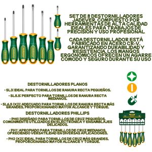 KIT DE DESTORNILLADORES - 8 PIEZAS - ACERO CR-V - 4 DESTORNILLADORES PLANOS: SL3 - SL5.5 - SL6.5 (X2) + 4 DESTORNILLADORES PHILLIPS: PH0 - PH1 - PH2 (X2) - Vista 2