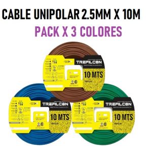 CABLE UNIPOLAR 2.5 MM TREFILCON X 10M PACK X 3 COLORES (MARRON - CELESTE - VERDE/AMARILLO) - Vista 1