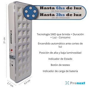 LUZ DE EMERGENCIA LED DE 30 LEDS SMD Y AUTONOMÍA REAL DE 6HS Y 3HS PRONEXT - Vista 3