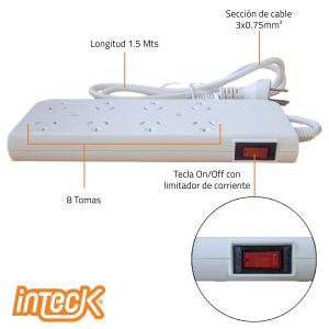 PROLONGADOR MULTIPLE 8 TOMAS BLANCO 1,5 MTS DE CABLE 3X0,75MM C/ PROTECTOR TERMICO - Vista 2