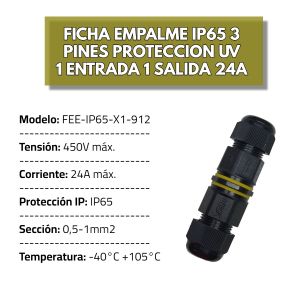 FICHA EMPALME IP65 3 PINES PROTECCION UV 1 ENTRADA 1 SALIDA 24A INTEK - Vista 2