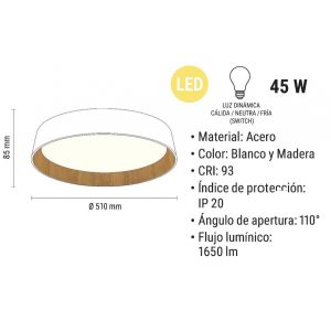 PLAFON LED ACERO BLANCO/MADERA 45W LUKA DISEÑO MODERNO - Vista 1