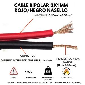 CABLE BIPOLAR 2X1 MM ROJO/NEGRO AUDIO X 100 MTS CONDUELEC - Vista 1