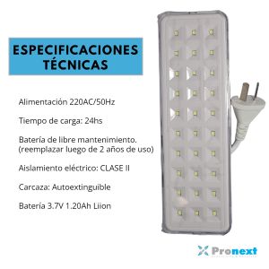 LUZ DE EMERGENCIA LED DE 30 LEDS SMD Y AUTONOMÍA REAL DE 6HS Y 3HS PRONEXT - Vista 4