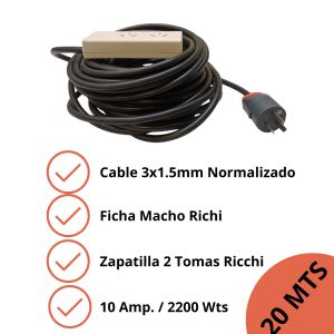 ALARGUE PROLONGADOR NEGRO 3X1.5 MM 20 MTS FICHAS RICHI DOBLE - Vista 2
