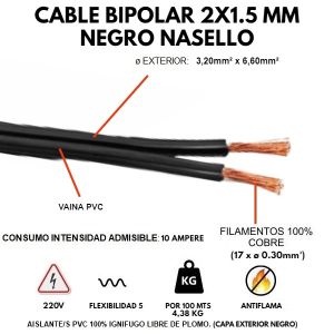 CABLE BIPOLAR 2X1.5 MM NEGRO X 100 MTS CONDUELEC - Vista 1