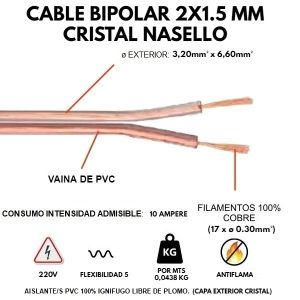CABLE BIPOLAR 2X1.5 MM CRISTAL X METRO CONDUELEC - Vista 1