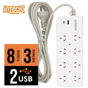 PROLONGADOR MULTIPLE 8 TOMAS + 2 USB BLANCO CON CABLE 3 MTS C/ PROTECTOR TERMICO - Vista 3