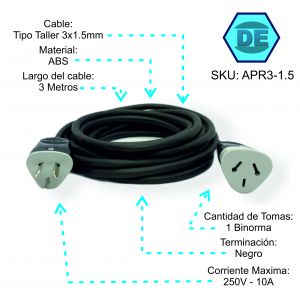 ALARGUE PROLONGADOR NEGRO 3X1.5 MM X 3 METROS - Vista 1