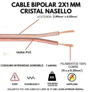 CABLE BIPOLAR 2X1 MM CRISTAL X METRO CONDUELEC - Vista 1