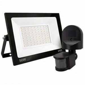 REFLECTOR CON SENSOR DE MOVIMIENTO 50W LED 3 FUNCIONES IP65 NEGRO BLANCO FRíO