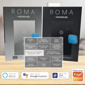LLAVE LUZ PARED INTERRUPTOR DIMERIZABLE WIFI TOUCH SMART 1 CANAL 3A MACROLED ROMA - Vista 10