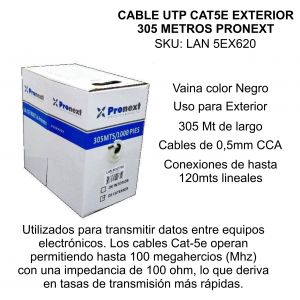 CABLE UTP CAT5E VAINA NEGRA EXTERIOR X 305 METROS PRONEXT - Vista 5