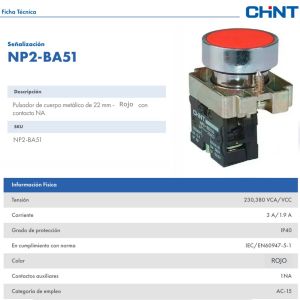 PULSADOR DE CUERPO METALICO DE 22 MM ROJO CON CONTACTO NA - Vista 1